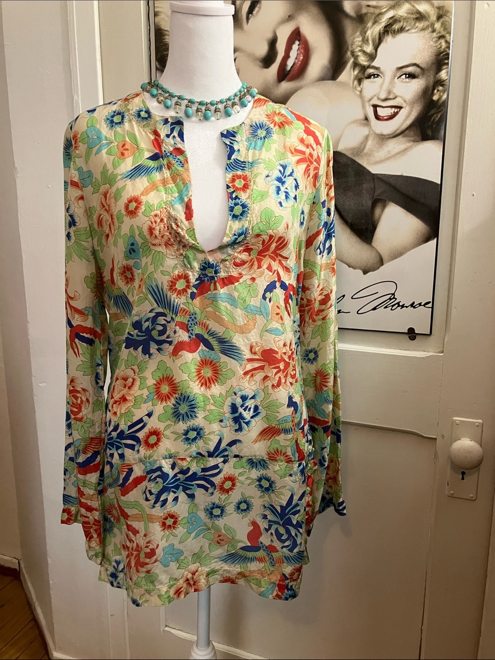 Day Birger et Mikkelsen 100% silk Floral Notch-Neck Tunic Top - Multi-Color